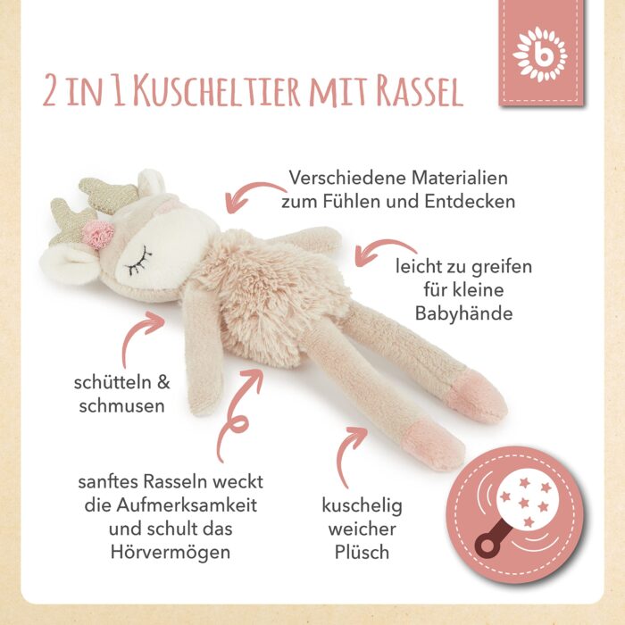 Bieco Kuscheltier Reh Ella mit Rassel | Baby Kuscheltier ab 0 Monate Stofftier Baby Plüschtier Rer – Bild 6